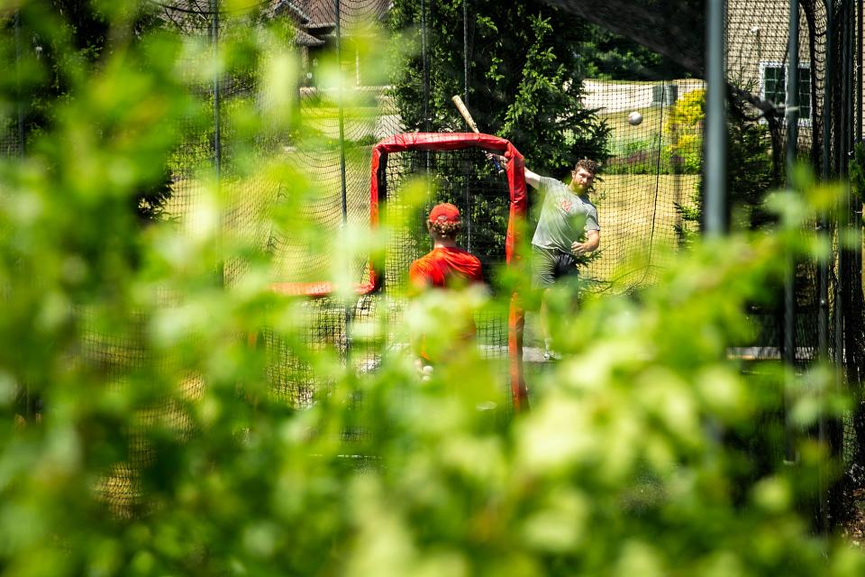 Western Dubuque freshman Brett Harris pitches to his brother, Chicago White Sox draft pick Calvin Harris, in the family batting cage in Peosta.