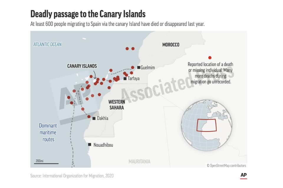 This preview image of an AP digital embed shows locations of capsized migrant boats. At least 600 people migrating to Spain via the canary Island have died or disappeared last year. (AP Digital Embed)