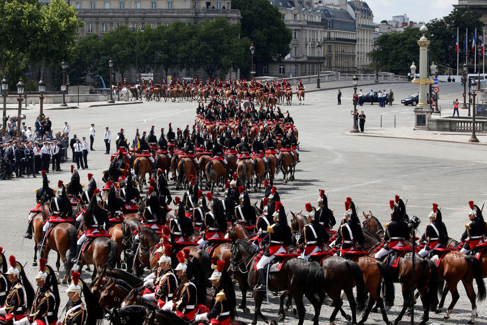 <p>The Cavalry Regiment of the French Republican Guard parades during the traditional Bastille Day military parade on the Champs-Elysees avenue in Paris, France, July 14, 2017. (Photo: Charles Platiau/Reuters) </p>