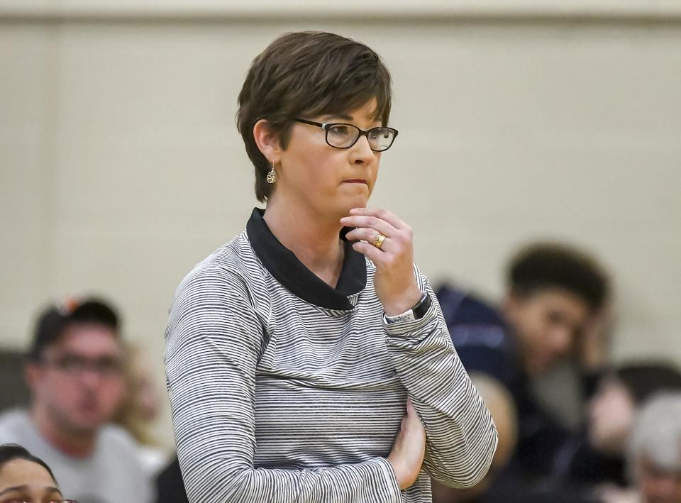 Princeton head coach Jill Phillips watches her team against Ursuline in the OHSAA Sectional at Sycamore High School, Saturday Feb. 16, 2019
