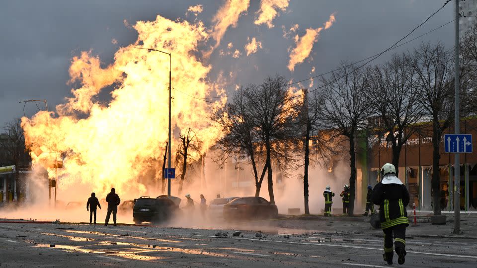 Ukrainian firefighters attempt to extinguish a fire after a missile strike in Kyiv on January 2, 2024, amid the Russian invasion of Ukraine. - Genya Savilov/AFP/Getty Images