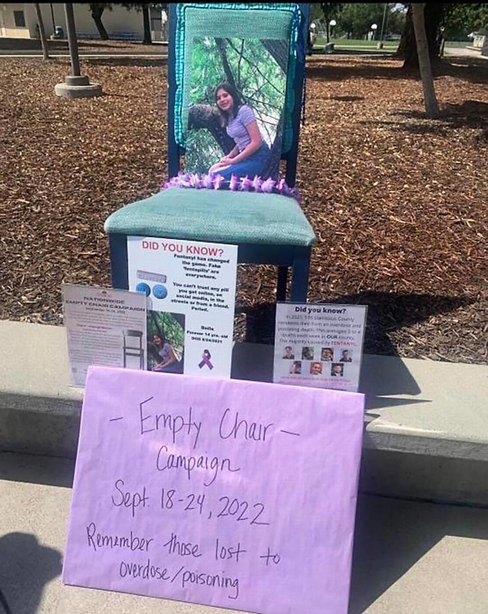 The chair is an “empty chair” exercise done at Waterford High School to raise awareness about the dangers of fentanyl. Bella Vivo, 14, of Waterford died in 2021 from an accidental overdose.