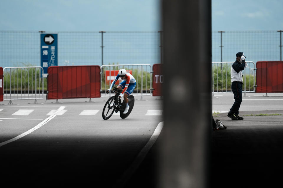 Juliette Labous of France competes during the women's cycling individual time trial at the 2020 Summer Olympics, Wednesday, July 28, 2021, in Oyama, Japan. (AP Photo/Thibault Camus)