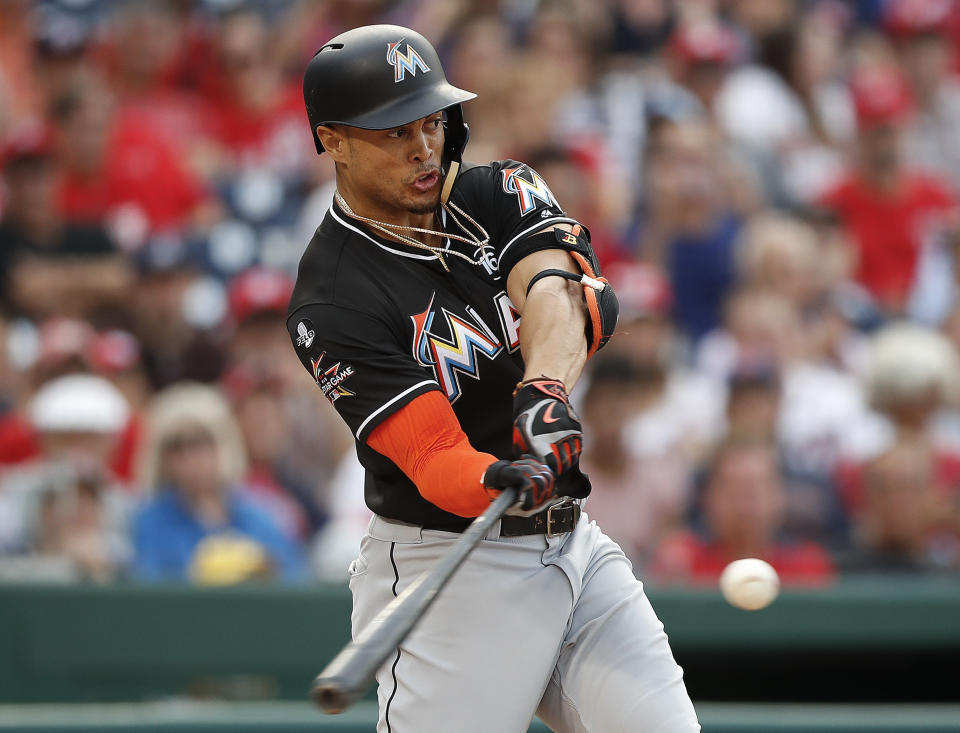 Giancarlo Stanton’s huge month of August has helped elevate the Miami Marlins in the Power Rankings. (AP)