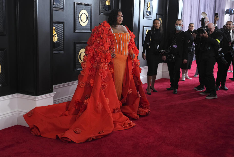 Lizzo arrives at the 65th annual Grammy Awards on Sunday, Feb. 5, 2023, in Los Angeles. (Photo by Jordan Strauss/Invision/AP)