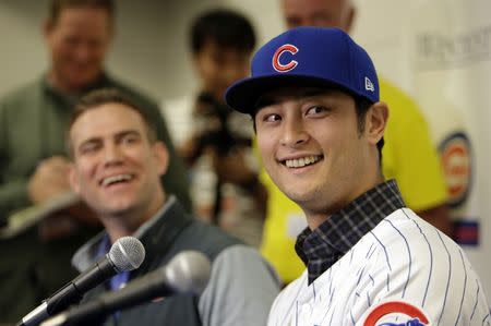 Feb 13, 2018; Mesa, AZ, USA; Chicago Cubs pitcher Yu Darvish addresses the media at Sloan Park. Mandatory Credit: Rick Scuteri-USA TODAY Sports