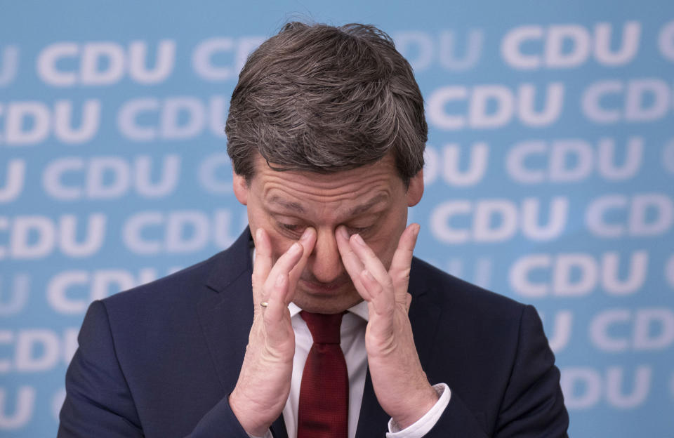 The top candidate of the CDU, Christian Baldauf, reacts after the results of the state elections in Rhineland-Palatinate after the first projections in Mainz, Germany, Sunday, March 14, 2021 Exit polls are pointing to defeats for Chancellor Angela Merkel’s center-right party CDU in two German state elections. (Andreas Arnold/dpa via AP)