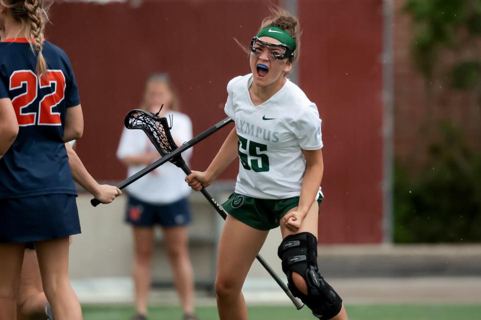 Olympus’s Masami Goodick celebrates a goal in a 5A girls lacrosse semifinal game against Brighton at Westminster College in Salt Lake City on Tuesday, May 23, 2023.