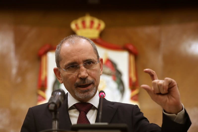 Jordanian Foreign Minister Ayman Safadi speaks during a news conference in Amman