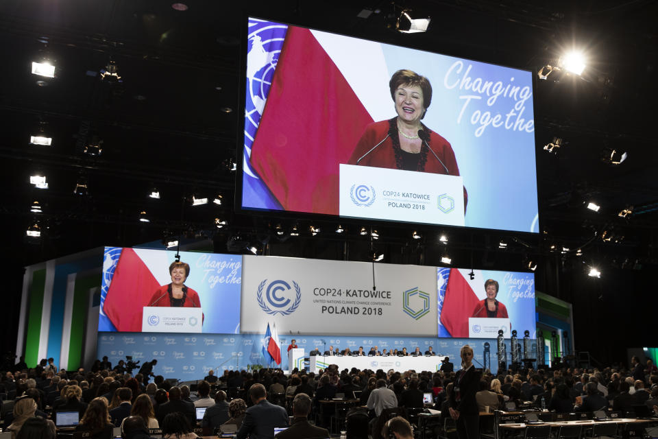 World Bank CEO Kristalina Georgieva speaks during the COP24 United Nations Climate Change Conference in Katowice, Poland, Monday, Dec. 3, 2018. (Peter Klaunzer/Keystone via AP)