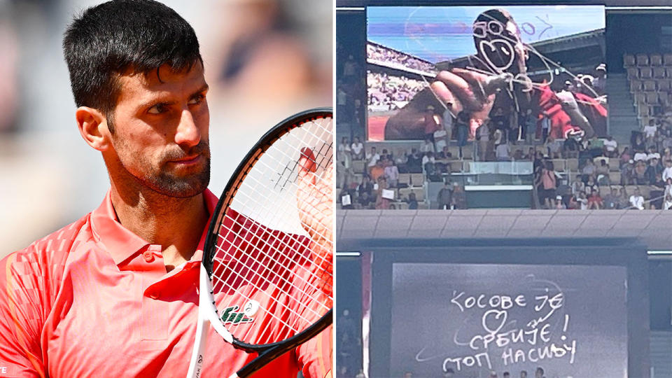 Pictured right, Serbian tennis star Novak Djokovic writes a message about Kosovo on a camera lens at the French Open. 