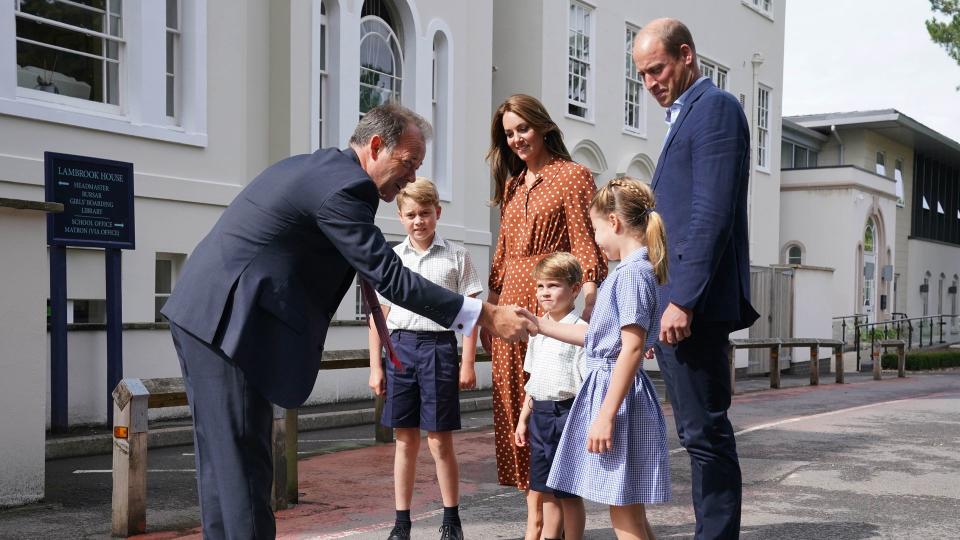 Headmaster of Lambrook greeting Prince George, Princess Kate, Prince Louis, Prince william and Princess Charlotte