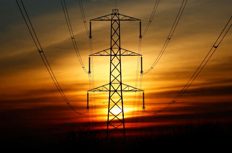 FILE PHOTO: The sun sets behind an electricity pylon in Borehamwood