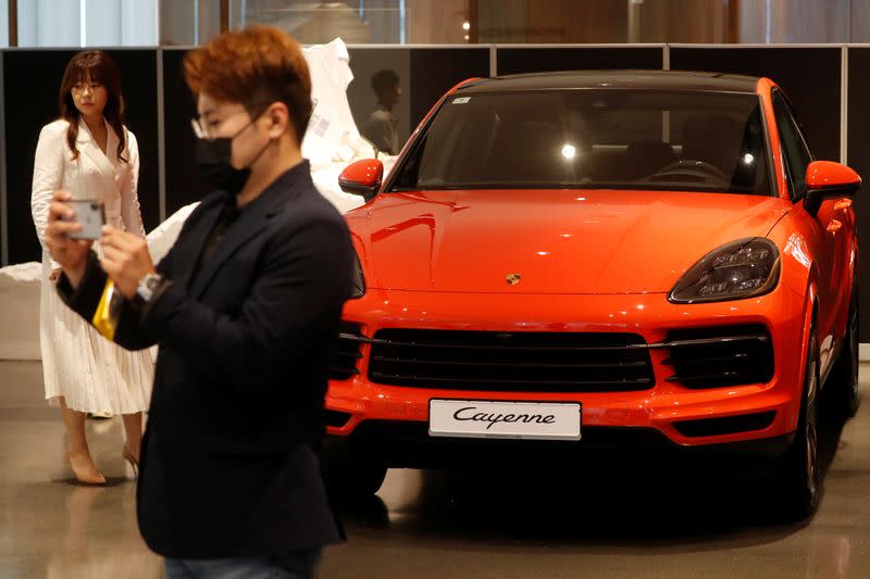 A Porsche Cayenne Coupe is seen on display at its dealership during a news conference in Seoul