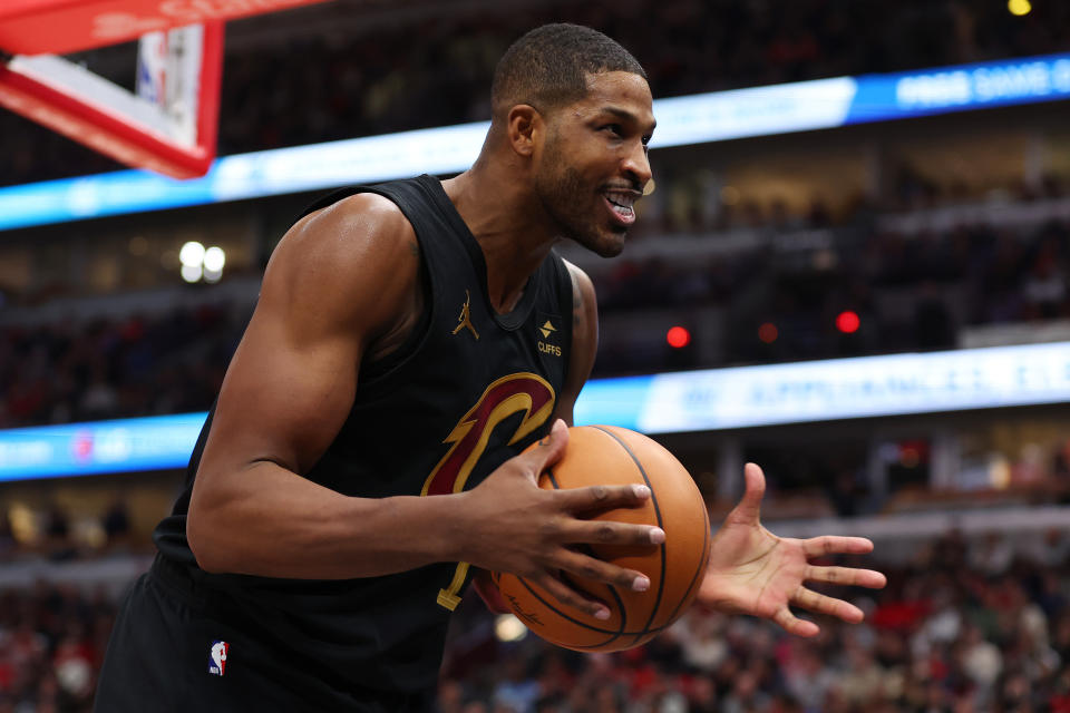 CHICAGO, ILLINOIS - DECEMBER 23: Tristan Thompson #12 of the Cleveland Cavaliers reacts against the Chicago Bulls during the first half at the United Center on December 23, 2023 in Chicago, Illinois. NOTE TO USER: User expressly acknowledges and agrees that, by downloading and or using this photograph, User is consenting to the terms and conditions of the Getty Images License Agreement.  (Photo by Michael Reaves/Getty Images)