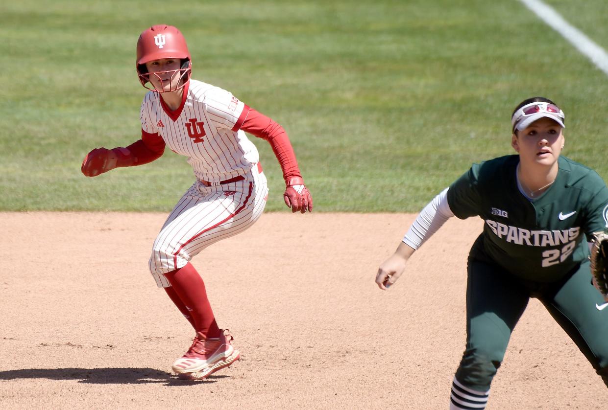 Indiana University freshman Aly VanBrandt leads off first base after a base hit agains MSU at MSU Saturday, April 6, 2024.