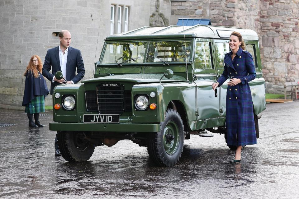 Prince William, Duke of Cambridge and Catherine, Duchess of Cambridge arrive in a Land Rover Defender that previously belonged to Prince Philip, Duke of Edinburgh to host NHS Charities Together and NHS staff at a unique drive-in cinema to watch a special screening of Disney’s Cruella at the Palace of Holyroodhouse on day six of their week-long visit to Scotland on May 26, 2021 in Edinburgh