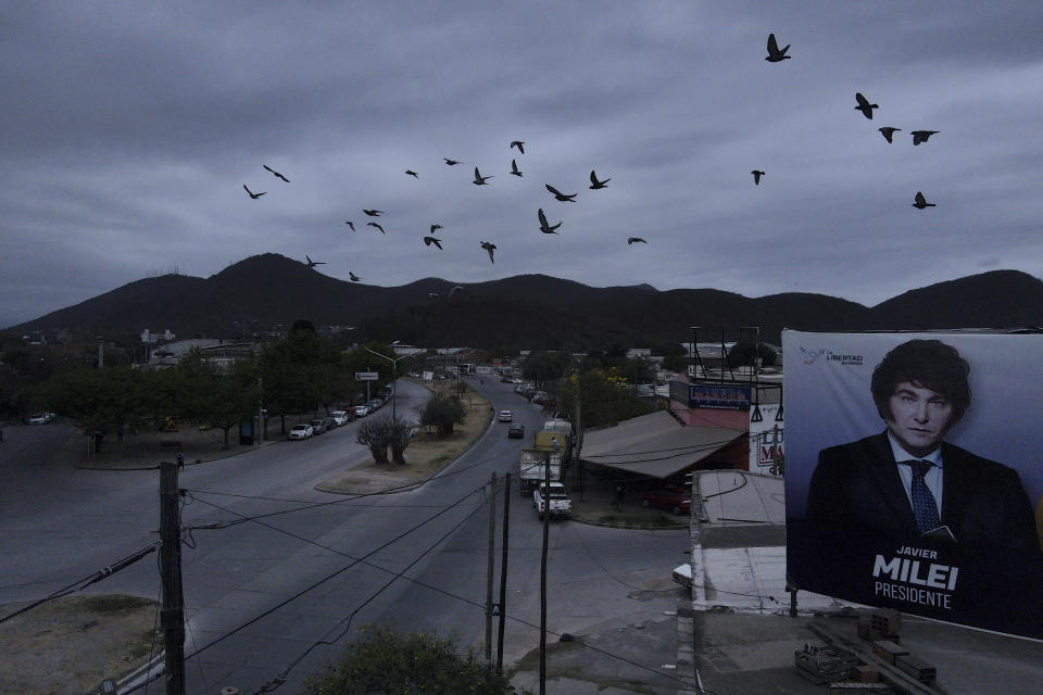 Una bandada de pájaros sobrevuela un cartel del aspirante presidencial Javier Milei en Salta, Argentina, el miércoles 4 de octubre de 2023. Milei, un populista de derechas que admira a Donald Trump y que se ha hecho un nombre al proclamar contra la "casta política" en televisión, se encuentra como favorito para las elecciones presidenciales. (AP Foto/Javier Corbalán)