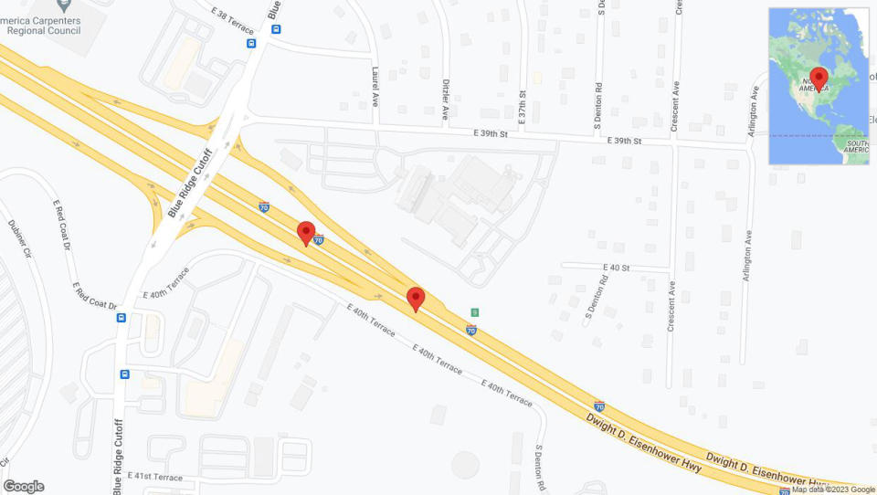 A detailed map that shows the affected road due to 'Broken down vehicle on eastbound I-70 in Kansas City' on December 10th at 1:25 p.m.