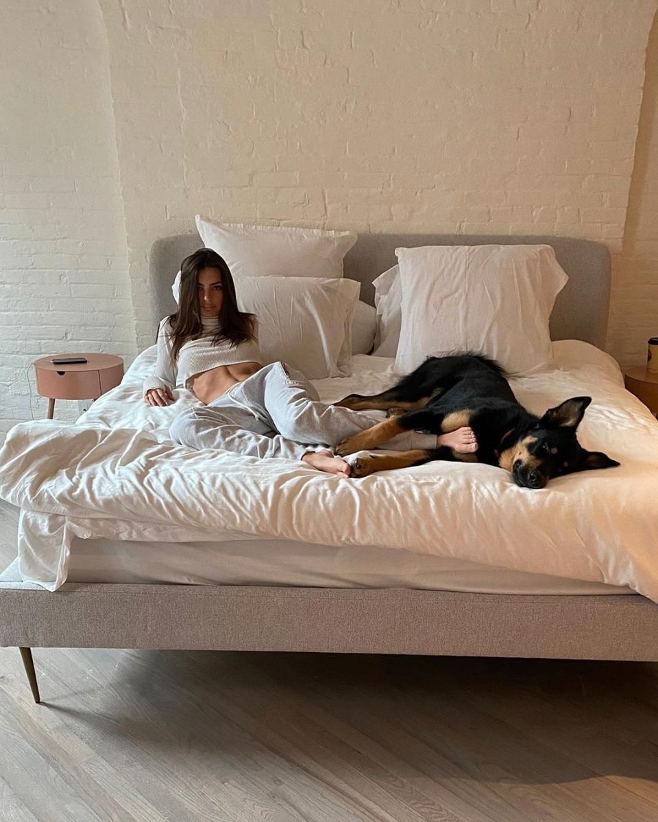 Emily Ratajkowski lies in bed with her dog