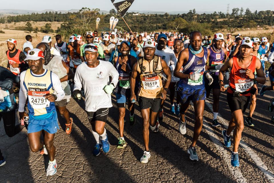 A close-up of marathon runners in South Africa