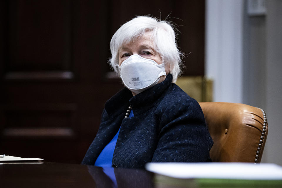 WASHINGTON, DC - MARCH 05: Treasury Secretary Janet Yellen listens during a meeting with President Joe Biden in the Roosevelt Room of the White House,  March 5, 2021 in Washington, DC. Yellen has recently commented that bitcoin is an “extremely inefficient” way to conduct monetary transactions. (Photo by Al Drago-Pool/Getty Images)