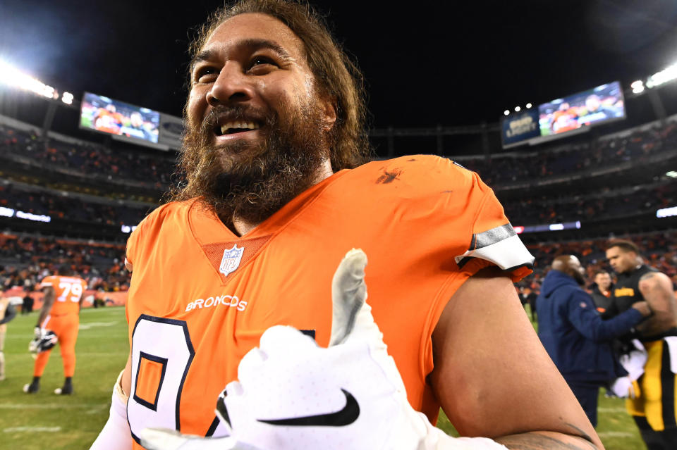 Nov 25, 2018; Denver, CO, USA; Denver Broncos nose tackle Domata Sr. Peko (94) following the win over the Pittsburgh Steelers at Broncos Stadium at Mile High. Mandatory Credit: Ron Chenoy-USA TODAY Sports