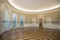 <p>The hardwood floor of the Oval Office is resurfaced as the West Wing of the White House in Washington undergoes renovations while President Donald Trump is spending time at his golf resort in New Jersey, Friday, Aug. 11, 2017. (AP Photo/J. Scott Applewhite) </p>