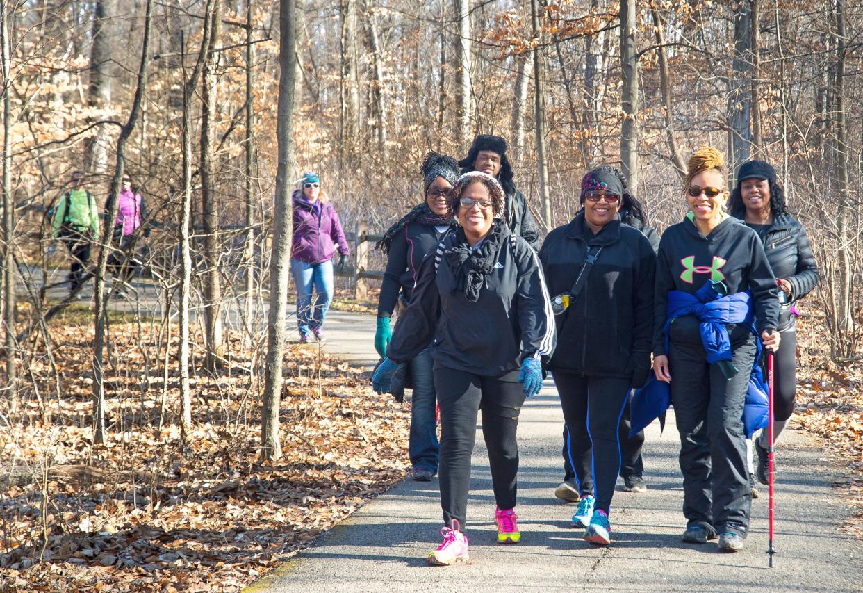 Hikers on the Lake Trail portion of the Blendon Woods Winter Hike.