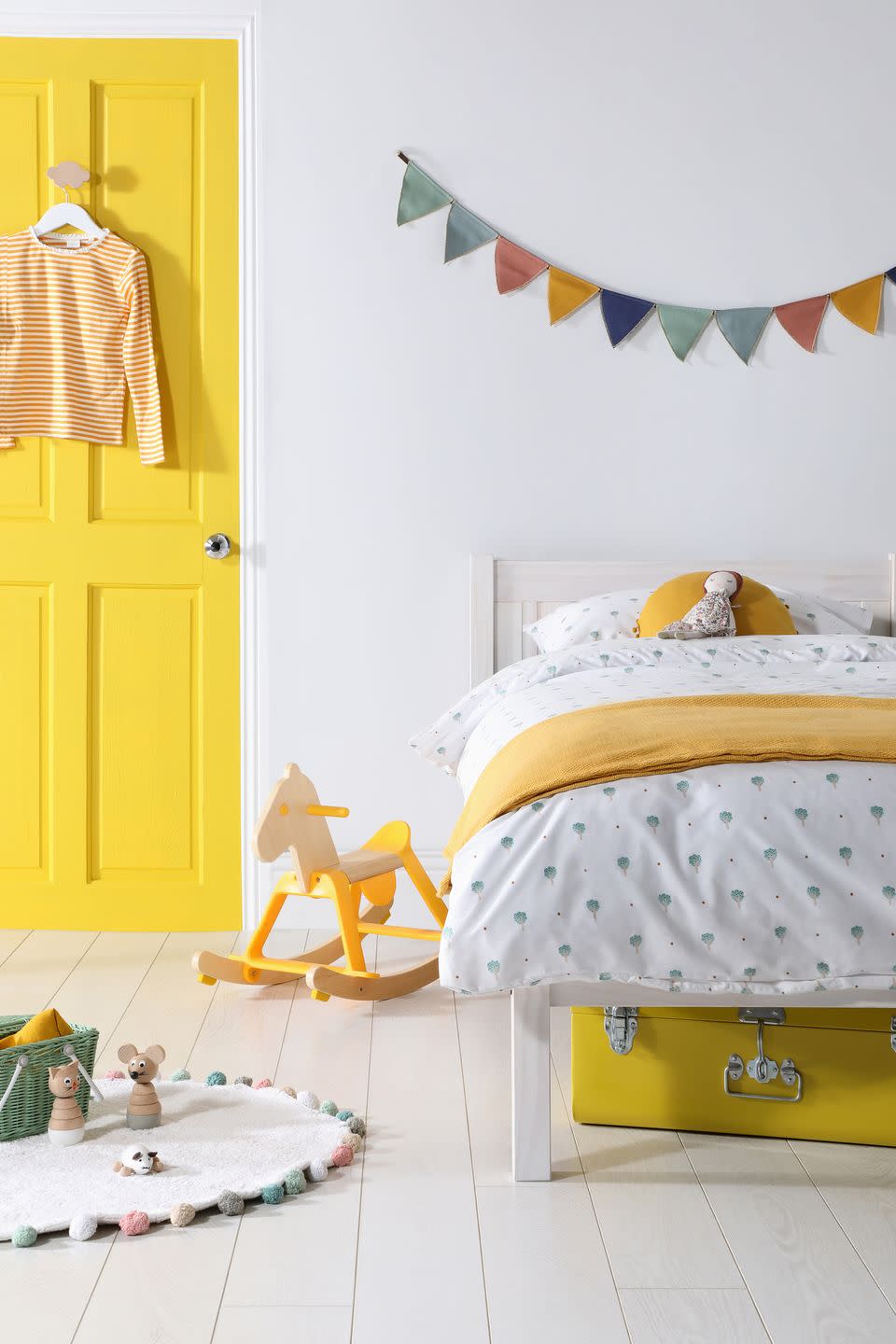 <p>Another fabulous colour to consider for a girl's bedroom is sunshine yellow. It's bright and cheery and looks great with white. And, it can work well for boys too. Follow the colour through into the bedding – a cushion and a throw in a similar shade works wonders for a cohesive look.</p><p>Pictured: Sunny Days Rio white washed single bed, <a href="https://go.redirectingat.com?id=127X1599956&url=https%3A%2F%2Fwww.furniturechoice.co.uk%2Fbedroom%2Fbeds%2Frio-white-washed-single-bed_wb10000814&sref=https%3A%2F%2Fwww.housebeautiful.com%2Fuk%2Fdecorate%2Fbedroom%2Fg35589644%2Fgirls-bedroom-ideas%2F" rel="nofollow noopener" target="_blank" data-ylk="slk:Furniture Choice;elm:context_link;itc:0;sec:content-canvas" class="link ">Furniture Choice</a></p>