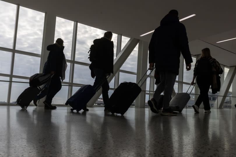 Travellers walk with their luggage at an airport