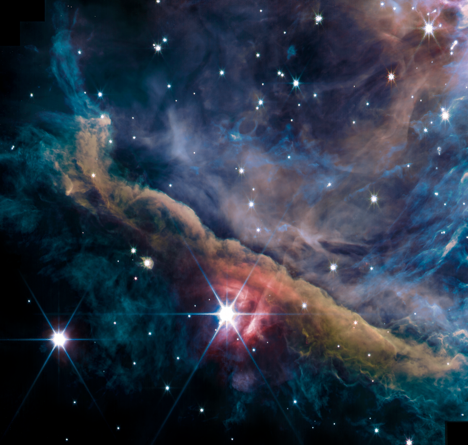 This composite image shows the inner region of the Orion Nebula as seen by the James Webb Space Telescope’s NIRCam instrument.