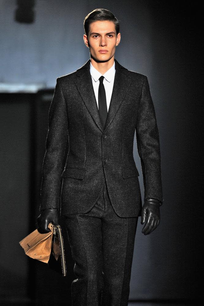 A model with a “paper” bag on the Jil Sander catwalk in 2012.