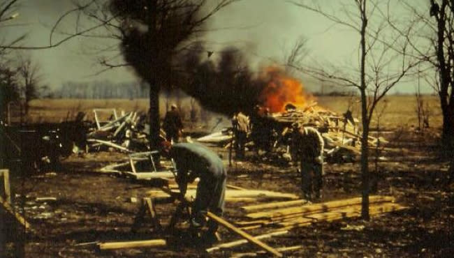 People pore through the rubble left behind after three tornadoes tore through West Michigan on April 3, 1956. (Courtesy National Weather Service)