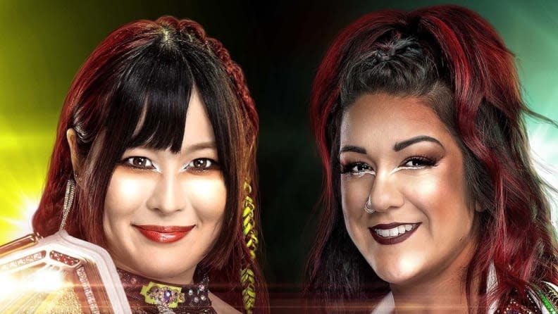 WWE superstars Iyo Sky, left, and Bayley in front of a colored background.