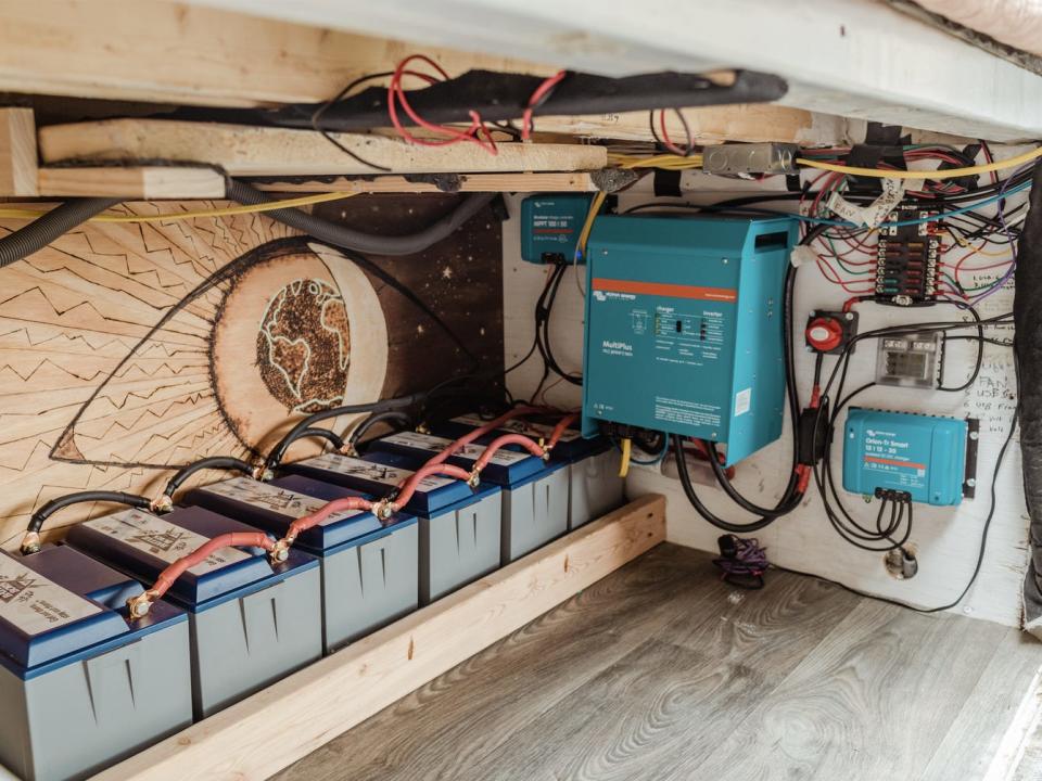 electrical gear under the bed in the back of the van