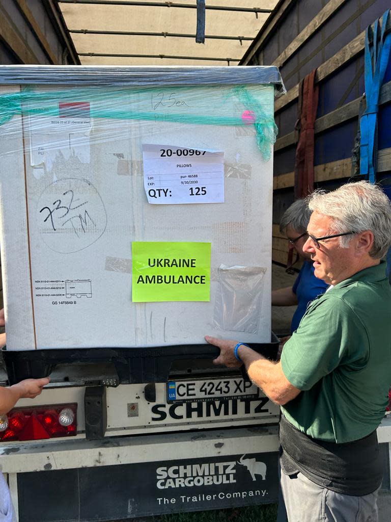 Ody Norkin unloads medical supplies to be used in Ukraine.