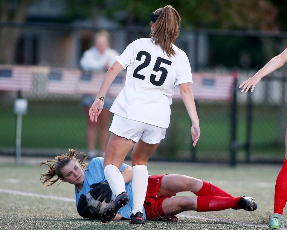 Hingham goalie Ella Stadtlander makes the save on a free kick during first half action of their game against Whitman-Hanson at Hingham High on Tuesday, Sept. 27, 2022. 