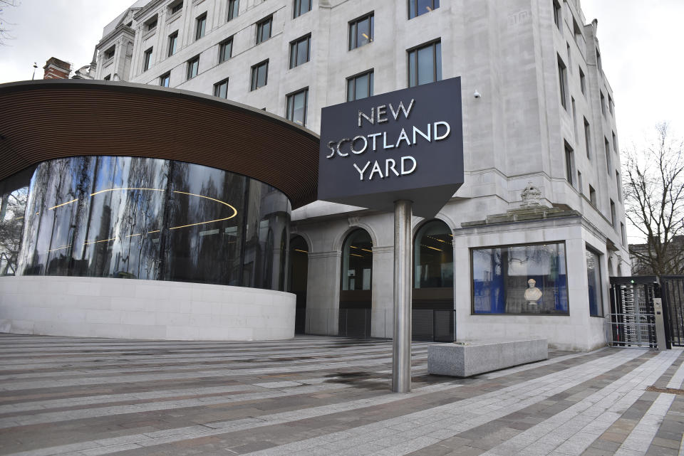 New Scotland Yard headquarters is pictured in central London, on March 27, 2018. (Photo by Alberto Pezzali/NurPhoto via Getty Images)