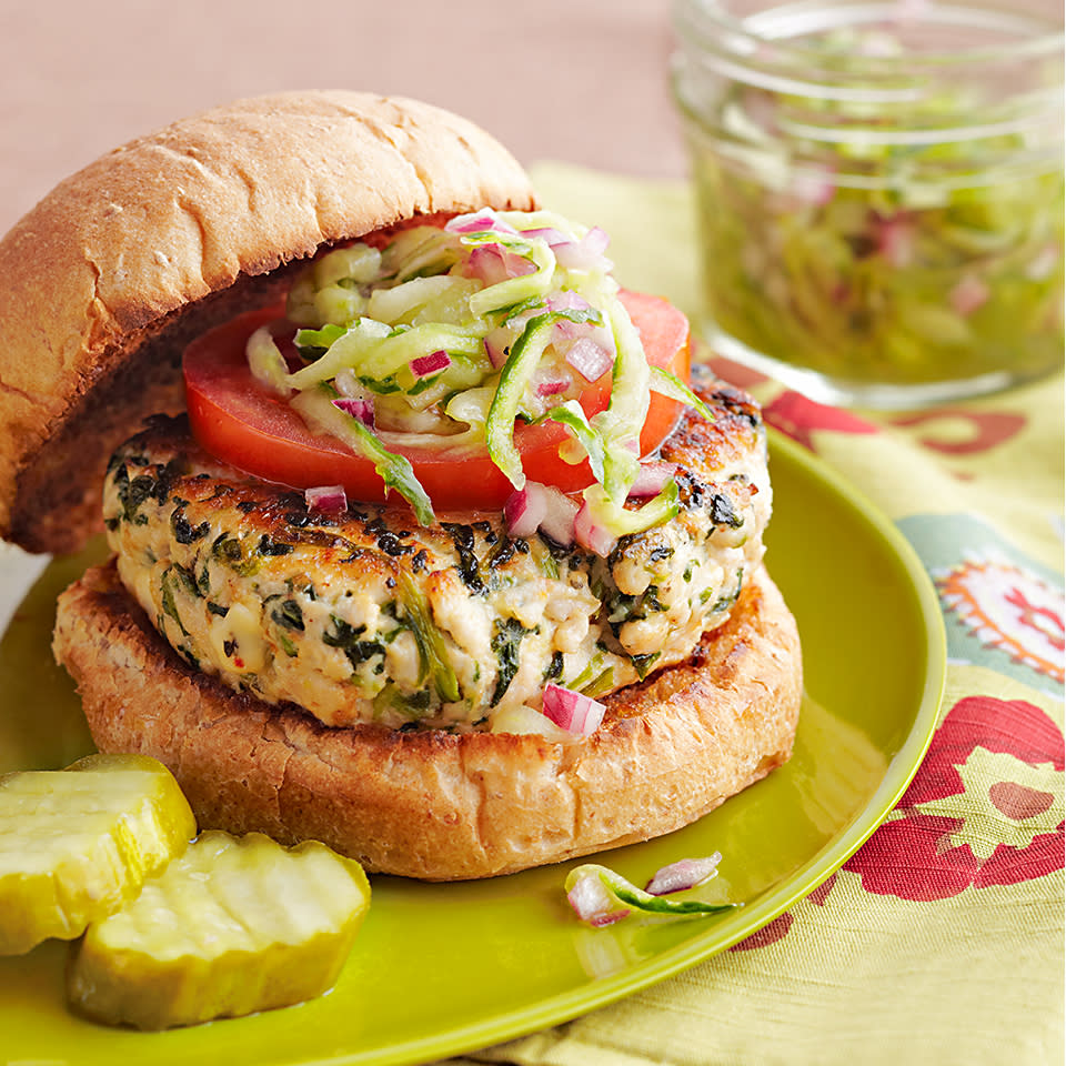 Spinach and Feta Turkey Burgers with Cucumber Relish