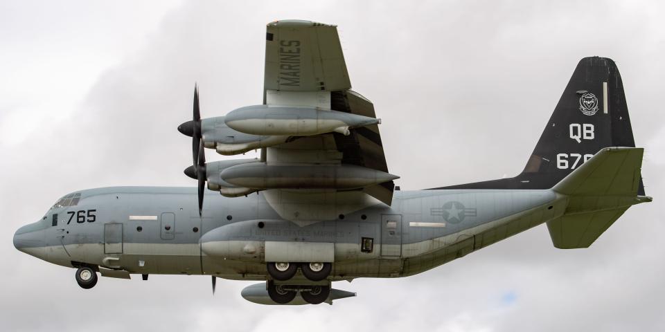 United States Navy Lockheed KC130J Hercules diverts to RAF Brize Norton after developing a fault.
