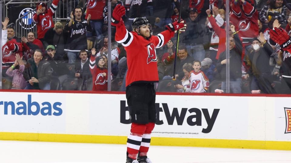 Jan 22, 2023;  Newark, New Jersey, USA;  New Jersey Devils defenseman Dougie Hamilton (7) celebrates his game winning goal against the Pittsburgh Penguins during overtime at the Prudential Center.  Mandatory Credit: Ed Mulholland-USA TODAY Sports