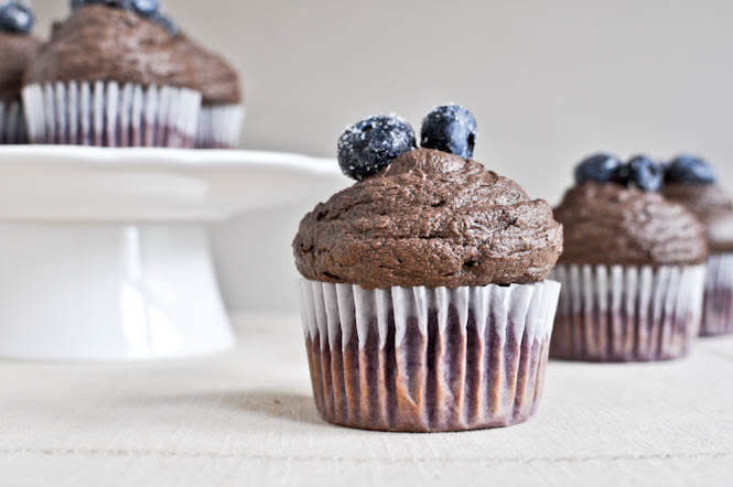 <strong>Get the <a href="http://www.howsweeteats.com/2011/08/roasted-blueberry-cupcakes-with-chocolate-fudge-frosting/" target="_blank">Roasted Blueberry Cupcakes With Chocolate Frosting recipe</a> from How Sweet It Is</strong>
