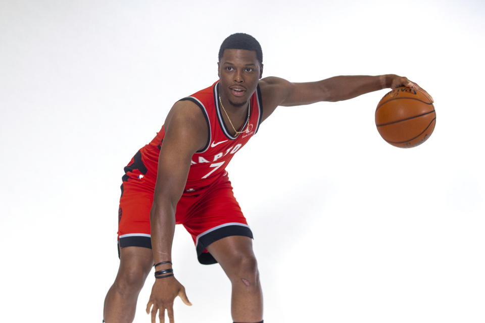 Toronto Raptors' Kyle Lowry poses during a photo shoot at the Raptors Media day in Toronto, Saturday, Sept. 28, 2019. (Chris Young/The Canadian Press via AP)