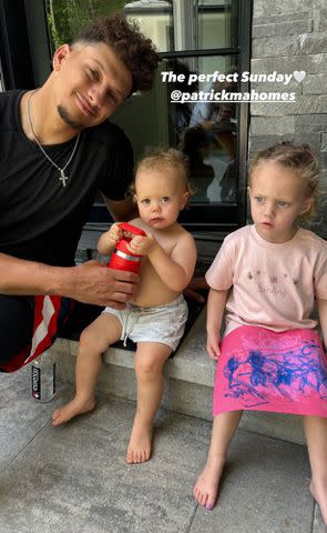 <p>Instagram/brittanylynne</p> Patrick Mahomes with son Bronze and daughter Sterling