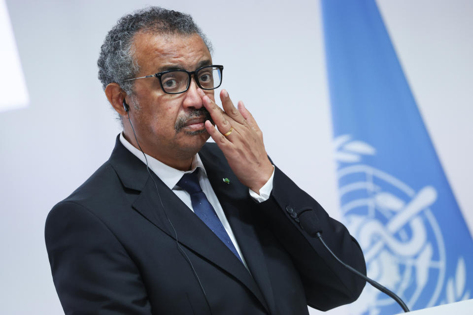 WHO Director-General Tedros Adhanom Ghebreyesus reacts during the opening of the World Health Organisation Academy in Lyon, central France, Monday, Sept. 27, 2021. (Denis Balibouse/Pool Photo via AP)