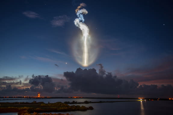 The MUOS-4 satellite launched aboard an Atlas V rocket on Sept. 2, 2015. The rocket trail reflected sunlight in the early dawn hours to create this stunning aerial light show.