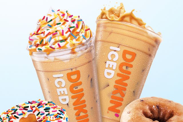 <p>Dunkin'</p> Dunkin's Vanilla Frosted Donut Iced Signature Latte and Blueberry Donut Iced Coffee