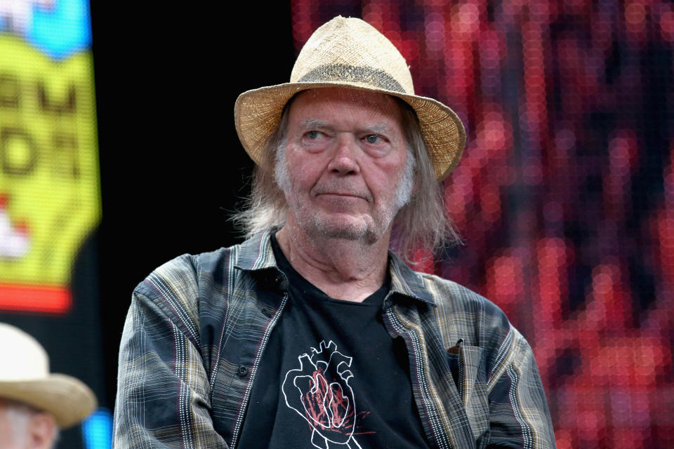 EAST TROY, WISCONSIN - SEPTEMBER 21:  Neil Young attends a press conference for Farm Aid 34 at Alpine Valley Music Theatre on September 21, 2019 in East Troy, Wisconsin.  (Photo by Gary Miller/Getty Images)