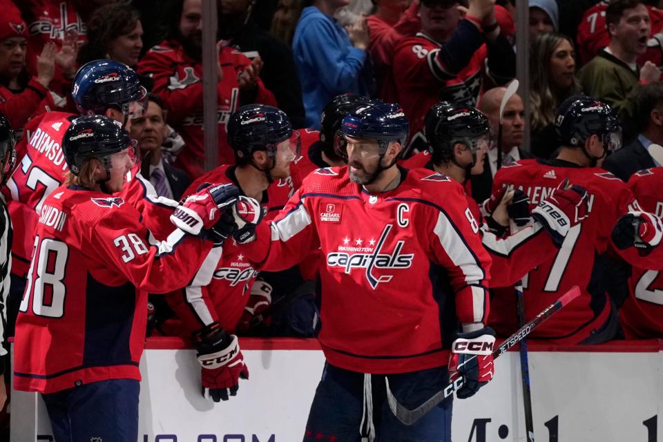 Washington Capitals left wing Alex Ovechkin (8) celebrates after a goal in the second period of an NHL hockey game in Washington, Saturday, Nov. 18, 2023. (AP Photo/Susan Walsh)